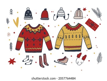 Hand drawn winter clothes vector set in scandi style. Christmas Doodle clothes. Hats and cute sweaters.