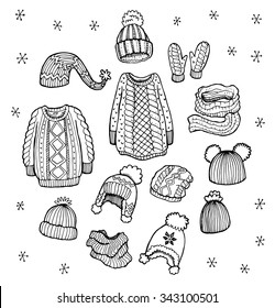 Hand drawn winter clothes vector set