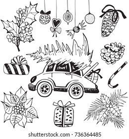 Hand drawn winter collection with car, gifts, natural elements. Christmas and New year theme. Cartoon vector design for holiday postcards, greeting cards, prints, t-shirt.