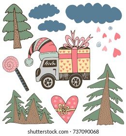 Hand drawn winter collection with car, gifts, natural elements. Christmas and New year theme. Cartoon vector design for holiday postcards, greeting cards, prints, t-shirt.