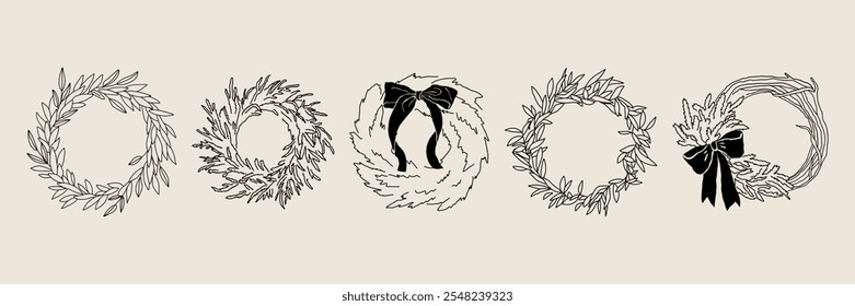 Hand drawn winter collection of Christmas wreaths. Vintage monochrome ink stickers for wall art prints, greeting cards, branding, stories, collages. Doodle line art elements in sketch style.	