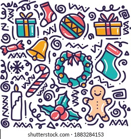 hand drawn winter collection doodle set with icons and design elements