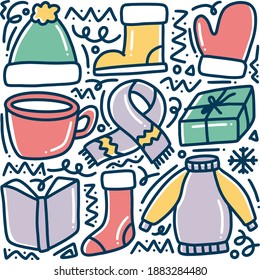 hand drawn winter collection doodle set with icons and design elements