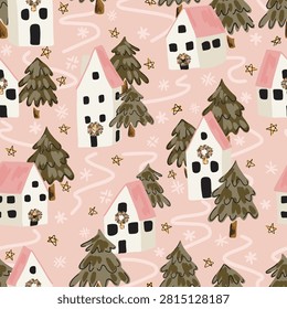 Hand drawn winter countryside town with cute houses, floral wreaths, stars, pine trees and snow, as a maximalist holiday design in pastel colors of pink, green and white. Christmas seamless vector pattern. Great for home decor, fabric, wallpaper, gift wrap, stationery, packaging design projects.