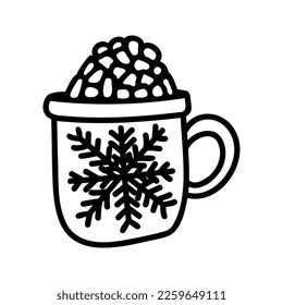 Hand drawn winter cup of cocoa with marshmallows and cream. Doodle vector illustration