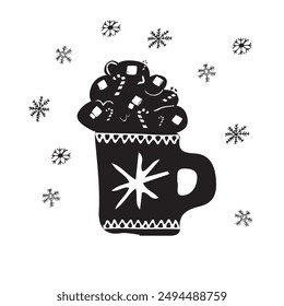 Hand drawn winter cup with coffee tea and marshmallow with the snow. Linocut, papercut