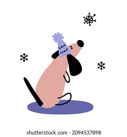 Hand drawn winter dachshund in hat with snowflakes. Perfect for T-shirt, postcard, textile and print. Doodle vector illustration for decor and design.

