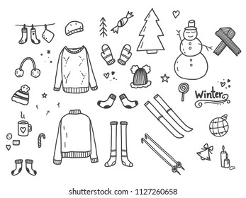 Hand drawn of winter doodle set with collection, illustration vector design.