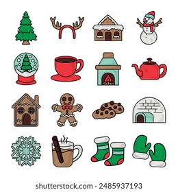 Hand Drawn Winter Element Colored Set