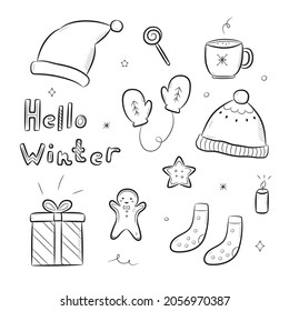 Hand drawn winter elements and lettering. Cute doodles set isolated on white background. Vector illustration.