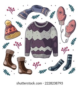 Hand drawn winter fashion clothes with doodle full color