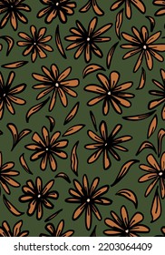 Hand drawn winter flowers with leaves seamless repeat pattern. Random placed, vector florals all over surface print on green background.