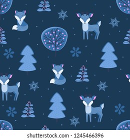 Hand drawn winter forest with foxes and deers. Seamless pattern.