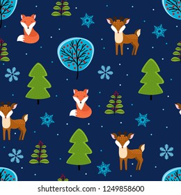 Hand drawn winter forest with foxes and deers. Seamless pattern.