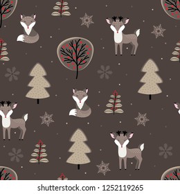 Hand drawn winter forest with foxes and deers. Seamless pattern.