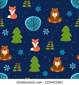 Hand drawn winter forest with foxes and bears. Seamless pattern.
