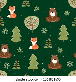 Hand drawn winter forest with foxes and bears. Seamless pattern.
