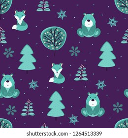 Hand drawn winter forest with foxes and bears. Seamless pattern.