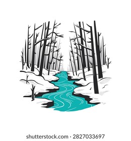 Hand drawn Winter Forest River Illustration Landscape with Snow and Trees.