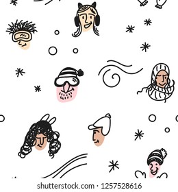 Hand drawn winter funny characters faces seamless pattern, vector illustration