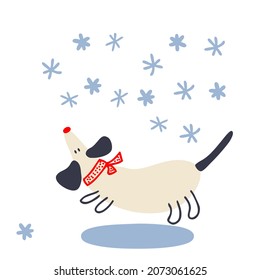 Hand drawn winter happy dachshund and snowflakes. Perfect for T-shirt, postcard, textile and print. Doodle vector illustration for decor and design.
