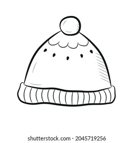 Hand drawn winter hat. Black linear icon winter hat isolated on white background. Vector illustration