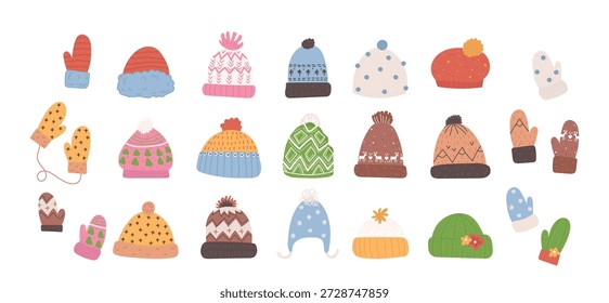 Sombrero de Clima dibujado a mano y mitones de temporada accesorios de ropa de invierno frío aislados sobre fondo blanco. Acogedores gorros de punto con pompones y guantes cálidos estilo doodle Ilustración vectorial