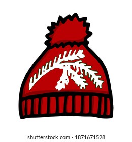 Sombrero de invierno dibujado a mano en rojo con tira de doodle. Icono de estilo de esbozo. Decoración. Aislado sobre fondo blanco. Diseño plano. Ilustración vectorial.