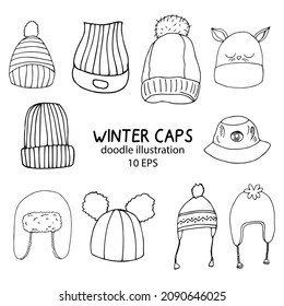 Sombreros de invierno dibujados a mano. Juego de diferentes sombreros de punto con flap pom y oreja, abeja de pescador, boceto de cabeza de gorro deportivo vectorial de navidad cálida auriculares de piel y gorras