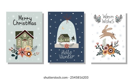 Hand drawn winter holiday cards. Merry christmas card with lettering, christmas card, bunny, house, bouquet, lettering, christmas tree, snow globe. Merry christmas. Happy new year. Invitation cards wi