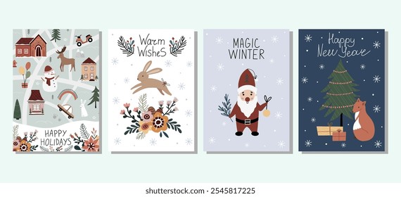 Hand drawn winter holiday cards. Merry Christmas card with inscription, Christmas card, hare, elf, gnome, fox, tree, lettering. Merry Christmas. Happy New Year. Invitation cards with quotes