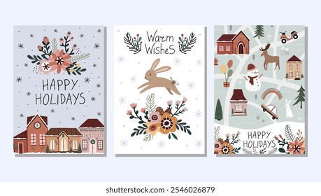 Hand drawn winter holiday cards. Merry Christmas card with houses, lettering, rabbit, snowman, moose, car, Christmas tree. Merry Christmas. Happy New Year. Invitation cards with quotes