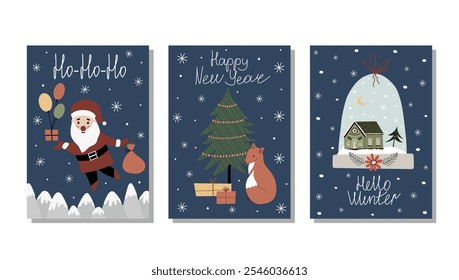 Hand drawn winter holiday cards. Merry Christmas card with lettering, Christmas card, santa, christmas tree, fox, gifts, snow globe, hello winter. Merry Christmas. Happy New Year.