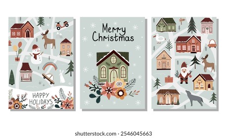 Hand drawn winter holiday cards. Merry Christmas card with lettering,Christmas tree, houses, snowman, rabbit, gifts, flowers, gnome, wolf, elf. Merry Christmas. Happy New Year. Invitation cards