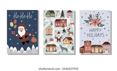 Hand drawn winter holiday cards. Merry Christmas card with lettering, Christmas card, Santa, gifts, mountains, map, houses, gnome, moose, wolf, elf, bouquet, snow. Merry Christmas. Happy New Year.