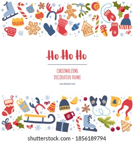 Elementos de vacaciones de invierno dibujados a mano. Borde decorativo de elementos de Navidad y Año Nuevo. Ilustración decorativa vectorial en estilo plano moderno para diseño web o impresión.