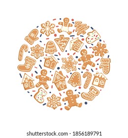 Hand drawn winter holiday pastry. Christmas and New Year gingerbread cookie pattern round shape. Vector decorative illustration in modern flat style for web design or print.