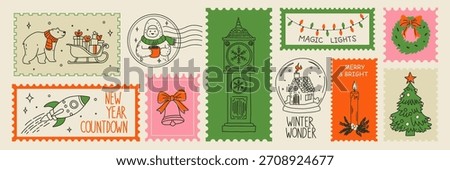 Hand drawn winter holiday postage stamps in a doodle sketch style. Christmas and New Year postal elements ideal for posters, postcards, scrapbook pages, mail themed designs, and festive vector prints.