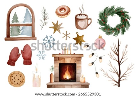 Hand drawn winter holiday set. Watercolor cozy christmas. Fireplace, candles, window, garland, wreath, mittens and cocoa. 