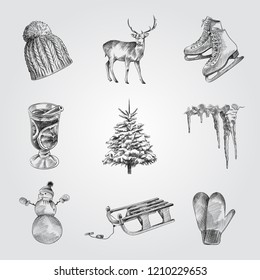 Hand Drawn Winter holiday Sketches Set. Collection Of Deer, 
skates, mulled wine, 
tree, knitting hat, 
Icicles, Snowman, Sled, Mittens. Winter elements Sketches isolated on white background.