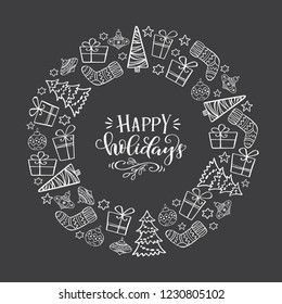 Hand drawn winter holiday symbol in a circle with unique greeting lettering Happy Holidays inside