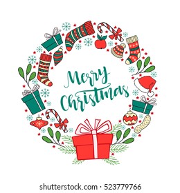 Hand drawn winter holiday symbol in a circle with unique greeting lettering inside