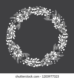 Hand drawn winter Holiday wreath on black background. A template of greeting card design, Christmas invitation, and banner