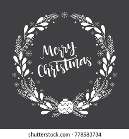 Hand drawn winter holiday wreath with greeting handwriting lettering Merry Christmas inside on black background