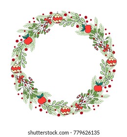 Hand drawn winter Holiday wreath. A template of greeting card design, Christmas invitation, and banner