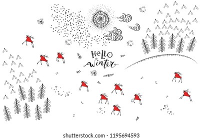 Hand drawn winter holidays card with lettering, snowflakes and red folk art deers, forrest, sun, clouds on white background. Hello winter. Traditional ethnic design.