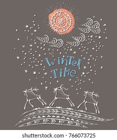 Hand drawn winter holidays card with lettering, snowflakes, running deers, ornamental sun, clouds on grey background. Merry christmas and happy new year. Winter time design.