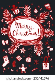 Hand drawn winter holidays doodles made in red ink. Seasonal greetings. Vector illustration.