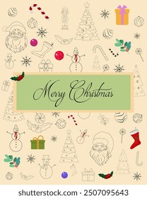 Hand drawn winter holidays greeting card. Merry Christmas and Happy New Year greeting card. Vector illustration