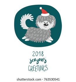 Hand drawn winter holidays greeting card with cute funny cartoon dog in a hat, typography. Isolated objects on white background. Vector illustration. Design concept for children, Christmas, New Year.